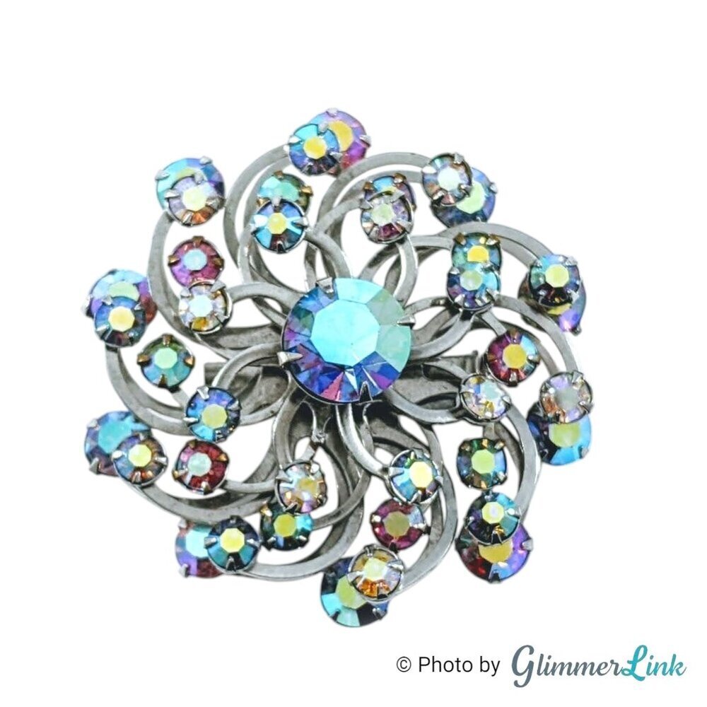 Vintage Aurora Borealis Rhinestone Pinwheel Flower Brooch Silver Tone